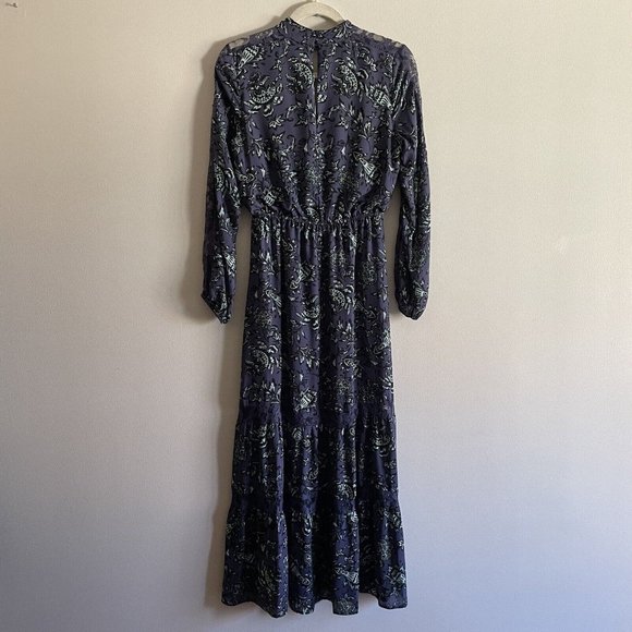 Belle+Sky Womn S Blue Floral Lace Detail Boho High Neck Cutout Tiered Maxi Dress - Picture 8 of 8